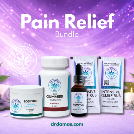 Dr. Damas CBD Pain Relief Bundle with full spectrum CBD tincture, strawberry gummies, body rub, and free Sports Cream samples displayed in a relaxing spa bamboo setting.