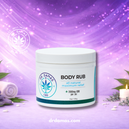 Dr. Damas CBD Pain Relief Bundle with full spectrum CBD tincture, strawberry gummies, body rub, and free Sports Cream samples displayed in a relaxing spa bamboo setting.