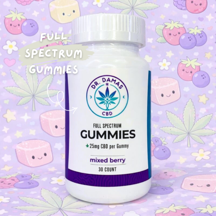CBD beginner bundle by Dr. Damas featuring full spectrum gummies and hemp oil on a pastel background