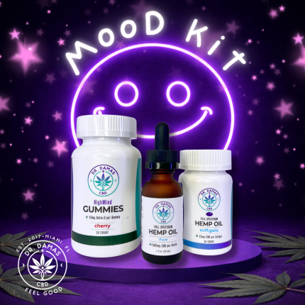 Dr. Herv&eacute; Damas Mood Support Kit featuring Full Spectrum CBD Softgels 25mg, Pure CBD Tincture 1500mg, and HighMind Delta-9 THC Gummies 30 count on dark purple background with neon smile design
