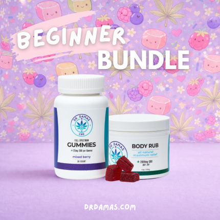 CBD Beginner Bundle featuring full spectrum CBD gummies (25mg, 30 count), CBD body rub salve, and sports cream samples in a luxury purple spa setting by Dr. Damas