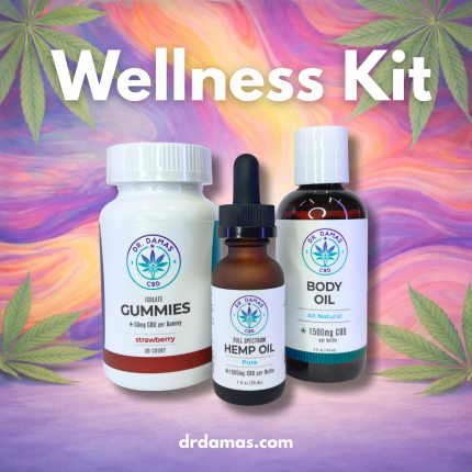 CBD Wellness Kit by Dr. Damas featuring isolate gummies, full spectrum hemp oil, and CBD body oil on a professional staged backdrop